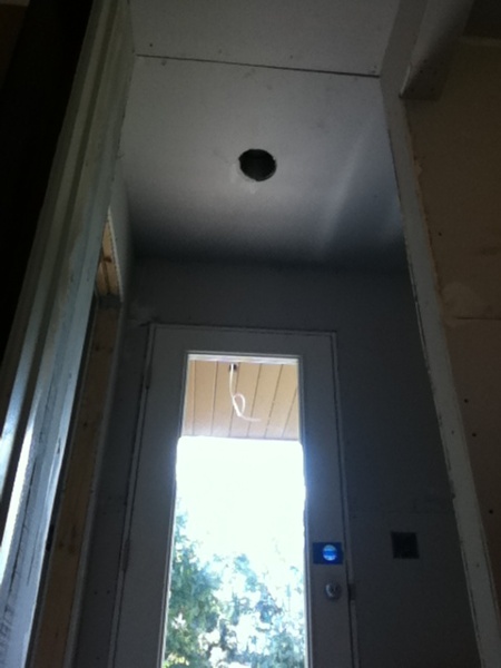 Drywall for seamless ceiling into mudroom. Drywall for seamless ceiling into mudroom.
