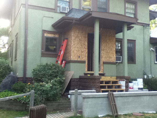 New stud walls framed and sheathed. Temporary stairs built and installed.