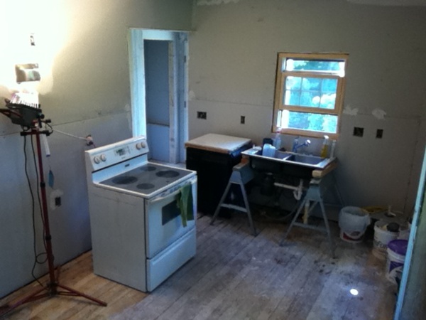 Drywall hung in remodeled kitchen, not yet sanded and finished.