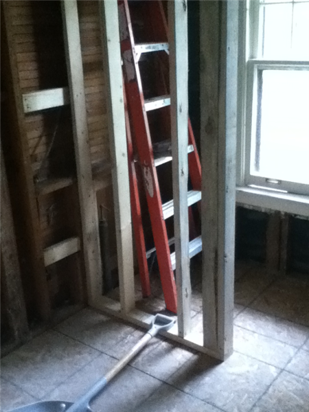 Wall framed for new fiberglass shower stall.