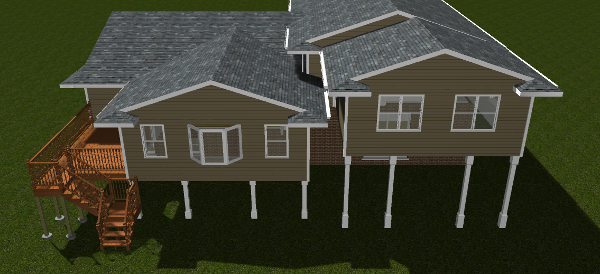 The additions have been added. This 3D angle is shown from an elevated position directly behind the home.